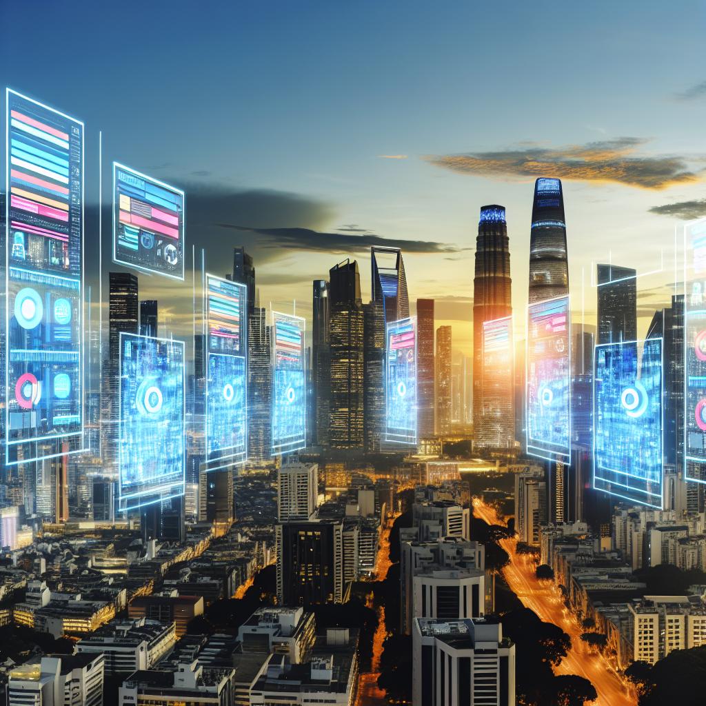 A futuristic city skyline with digital screens displaying various marketing content, all controlled by AI-powered systems.